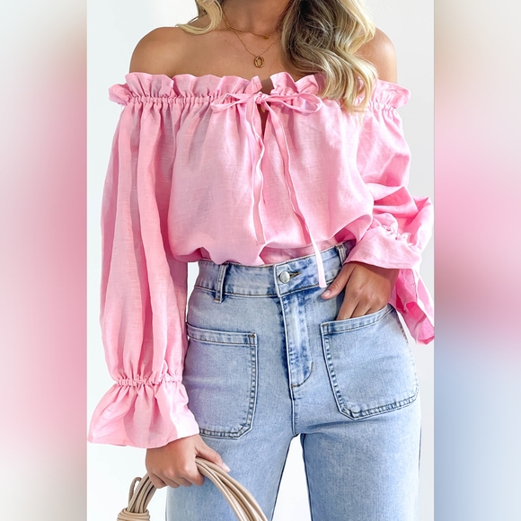 Drawstring Off-Shoulder Flounce Sleeve Blouse - Picture 1 of 5